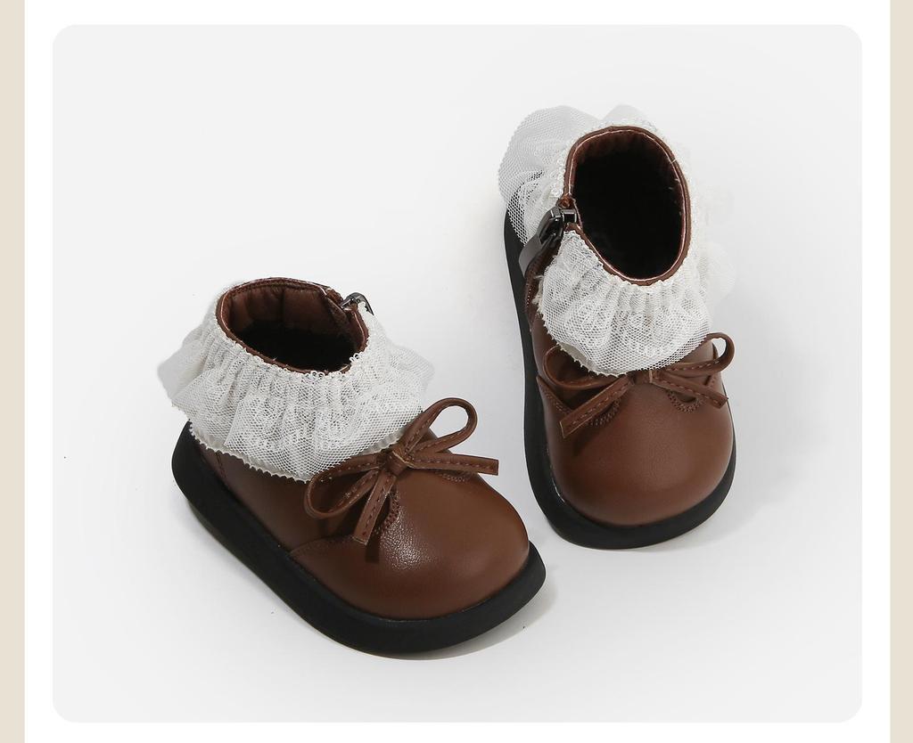 Girls' Autumn-Winter Princess Boots - Cotton-Lined Leather Toddler Shoes with Lace and Velvet Accents