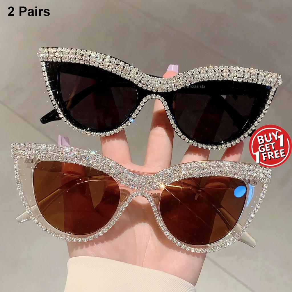 2 Pairs Vintage Cat Eye Sunglasses with Rhinestones Women Fashion Decor Shades Trendy Brand Design Sweet Outdoor Sun Glasses