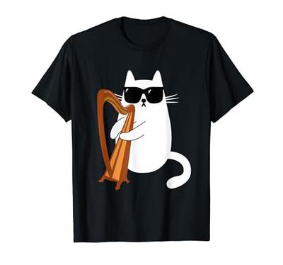 Cat and Harp Cat and Sunglasses Cat Lover Cat Owner Harpist Musician Band Cat Cat Harp T-Shirt