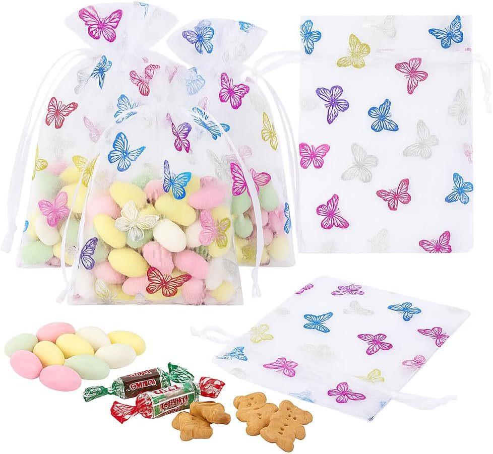 

100pcs Butterfly Print Drawstring Gift Bags, Bridal Shower, Birthday - Rainbow Theme, Versatile for All Seasons білий