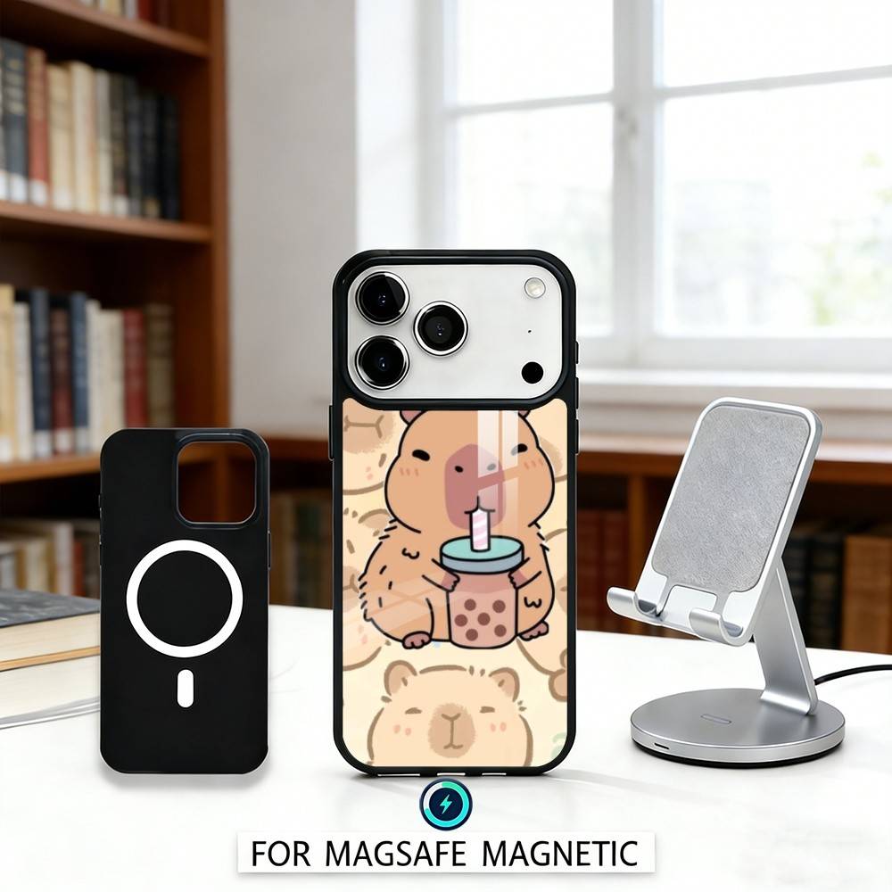 H-Happy C-Cute Capybara Cartoon Phone Case Magnetic For iPhone17 16 15 14 13 12 Pro Max For Magsafe Wireless Charging Cover