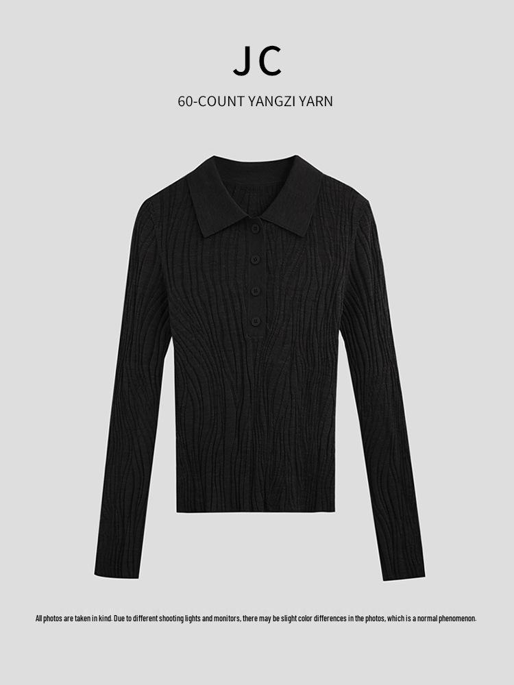 Yangtze Yarn 100% Wool Women's Wave Pattern Long Sleeve Polo Collar Sweater