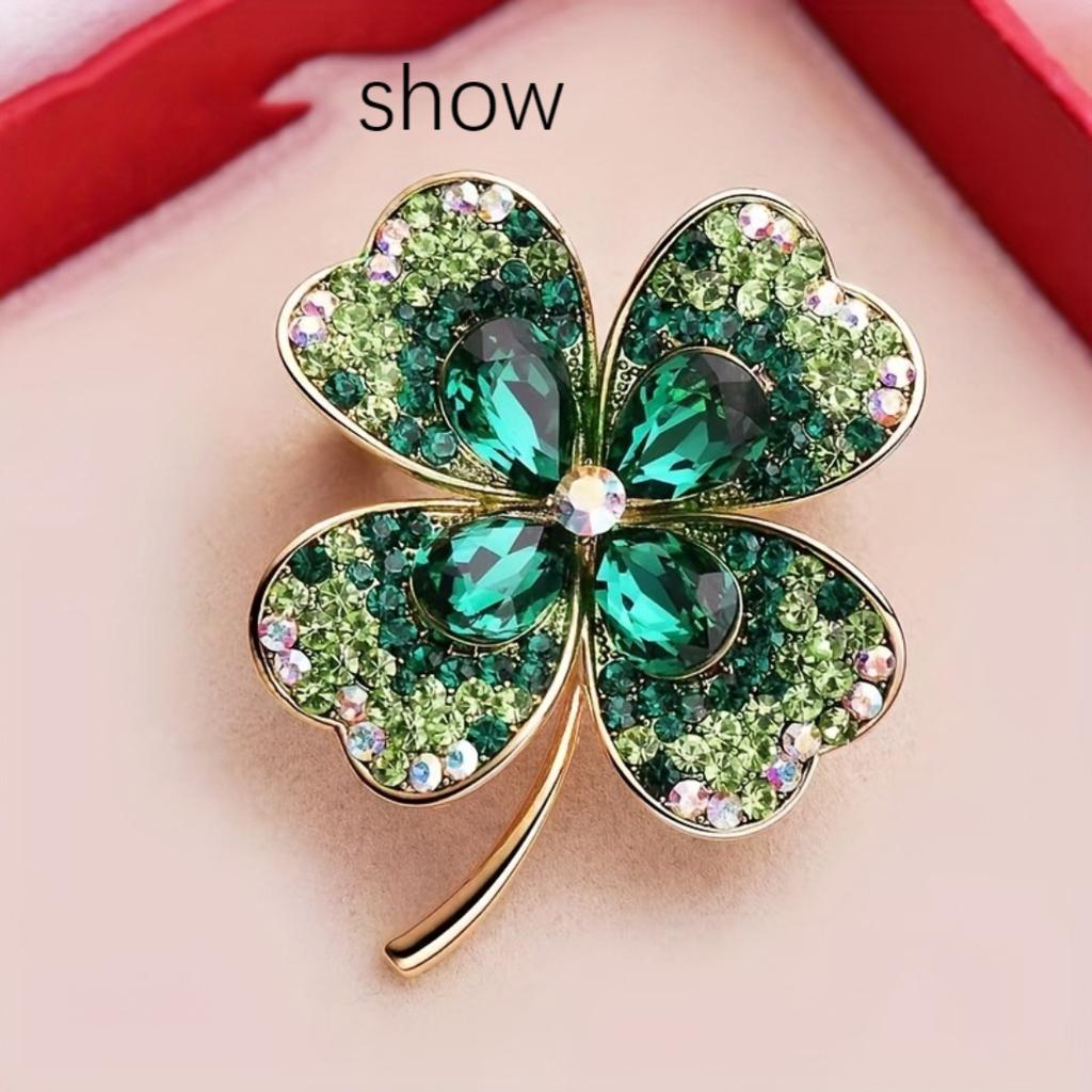 Green Rhinestone Shiny Four Leaf Clover Brooch Pin, Versatile Accessory For Cardigan Coat Hat Perfect Fashion Gift For Women