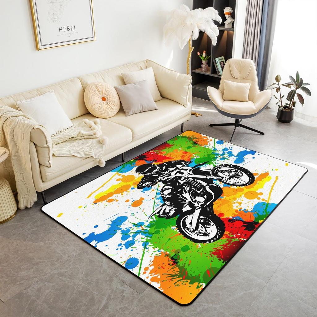 Teen Dirt Bike Area Rug for Living Room Motocross Rider Floor Mat Motorbike Extreme Sport Carpet Snow Mountain Landscape Doormat