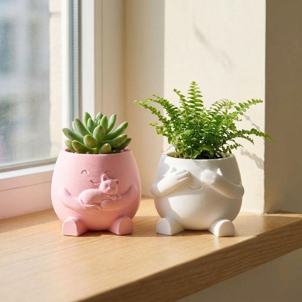 3D Printed Hugging Cat Succulent Planter Pot Happy Expression Cartoon Face Succulent Planter Plastic Novelty