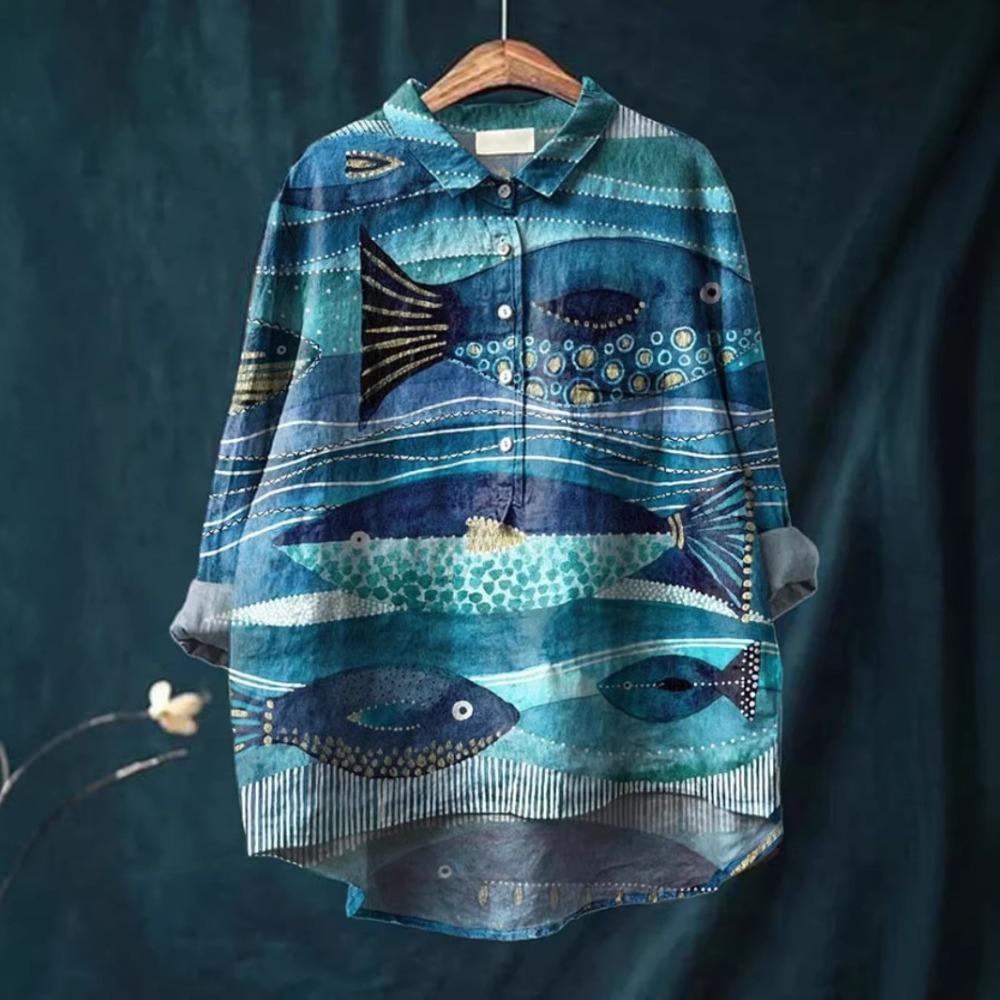 Damen Hemd mit Kragen, halber Knopfleiste, lockerem Schnitt, lässig, langen Ärmeln, aus Polyester