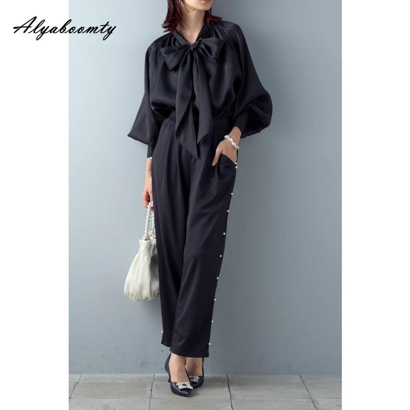 Korean Fashion Spring Autumn Women Stylish Blouse Bow Collar Apricot Black Lantern Sleeve Office Lady Shirt Elegant Ladies' Feminine Shirt