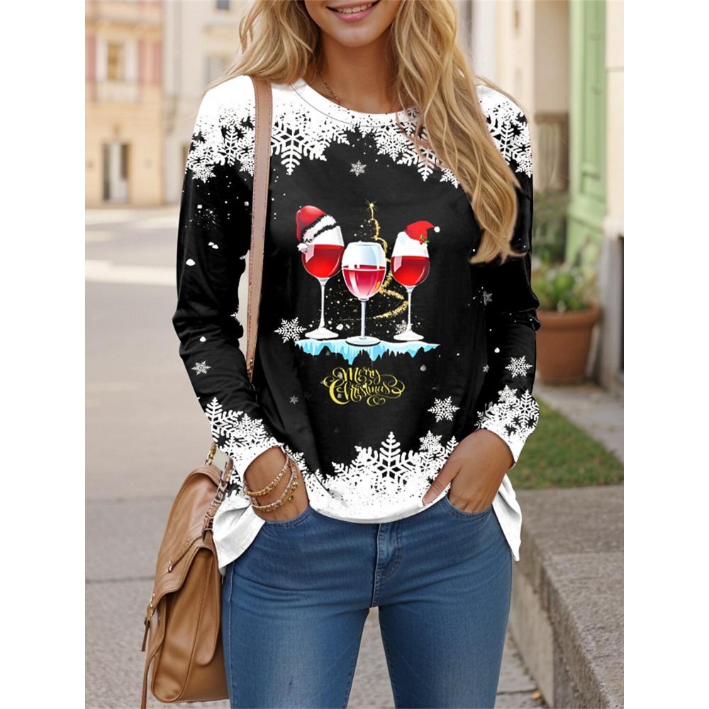 Women's T Shirt 3D Print Christmas Style Graphics Long Sleeve Funny Crew Neck Regular Fit Spring/Fall Thin Style Sweatshirt
