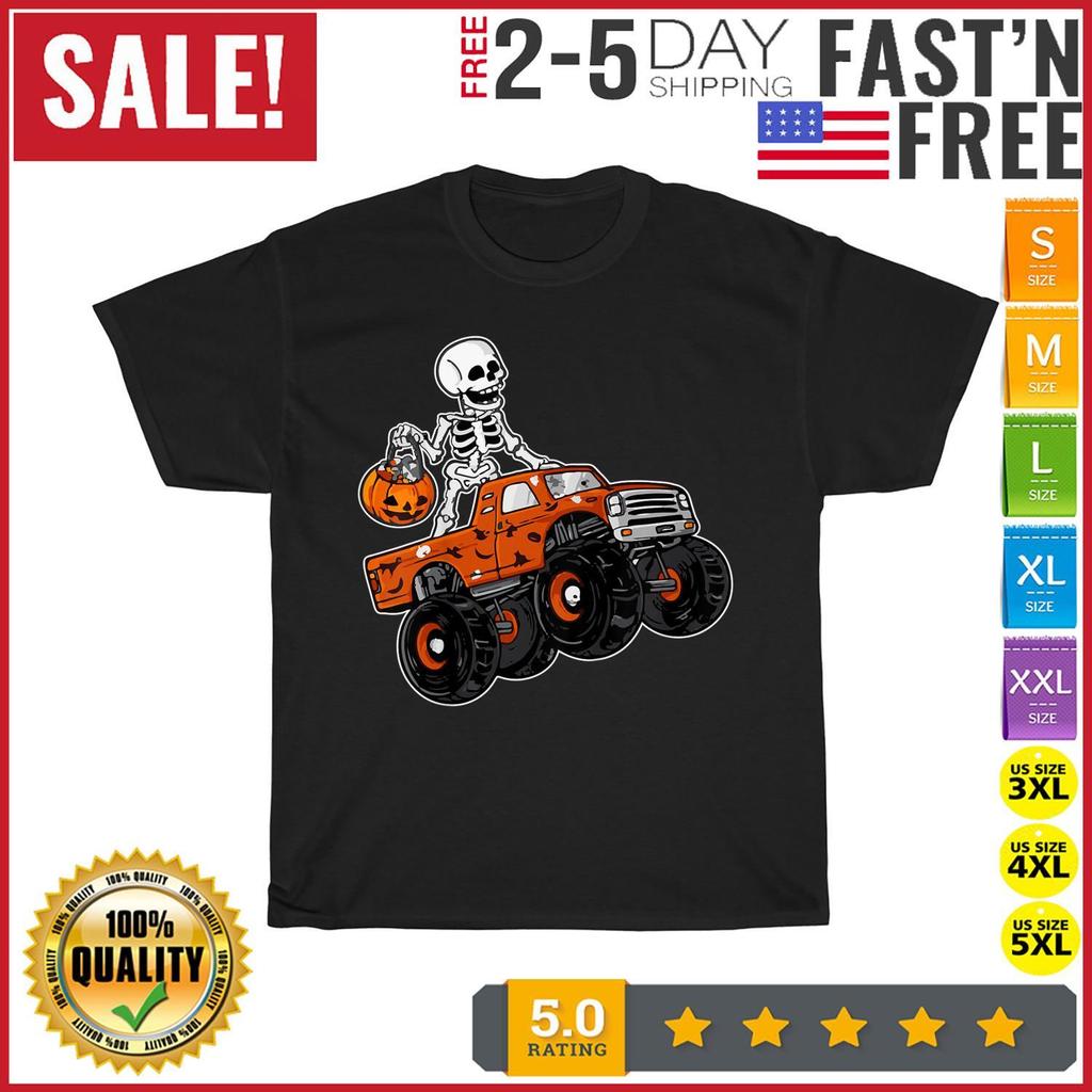 Skeleton Riding Monster Truck Lazy Halloween Costume Pumpkin T Shirt Mens Womens Tees Top Unisex
