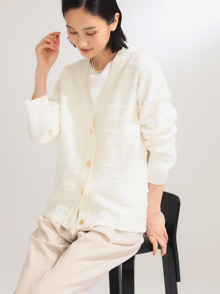 Beams Long Sleeve Tweed Knit Free 64150486887 Demi-Luxe Women's V-Neck Cardigan, OFF_WHITE, Size,