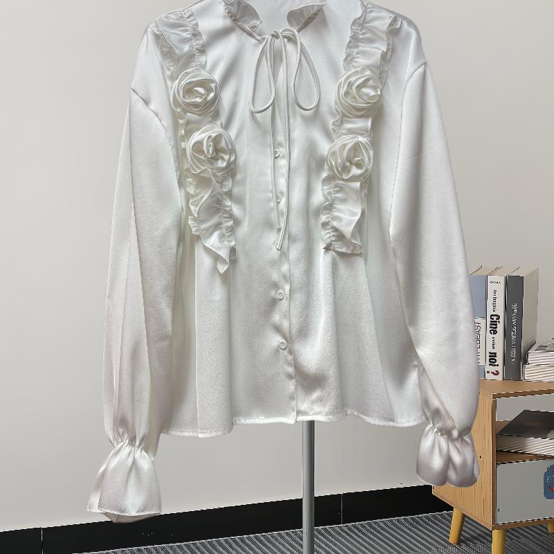 Fashion New Long Sleeve Loose Casual Shirt Women Elegant Solid Single Breasted Flowers Blouse Women Top Vintage Polo Collar Office Ladies Shirts 25807