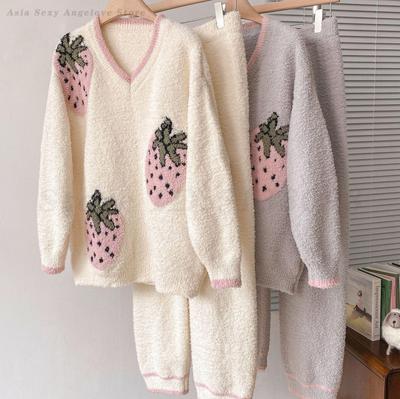 Female Strawberry 2Pcs Pijamas Suit Sweet Princess Style Nightwear Half Flannel Warm Sleepwear Autumn Winter New Home Clothes