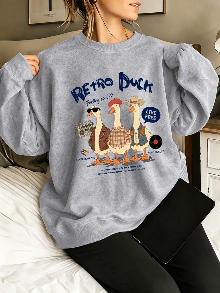 Retro Duck Feeling Cool Live Free Printed Pullovers Women Fleece Sportswear Autumn Crewneck Sweatshirt Y2K Loose Clothes