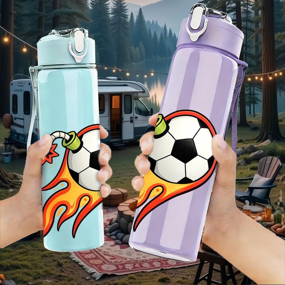 1PC Fire Flame Soccer Ball Art Print 750ml Color Plastic Sports Water Bottle Leakproof Flip Straw Lid Suitable for Sports Office Home Use