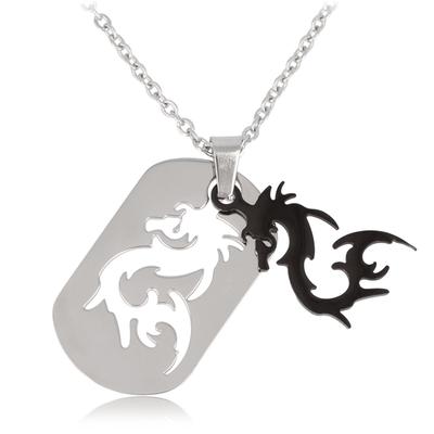 [Q7365] - Black/silver 'Dragon' Steel Necklace - 32x19 Mm
