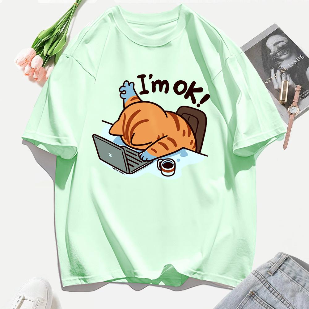 A Cat That Persists In Work Print Women T Shirts Casual Hip Hop Tees Tops Multicolor Cotton Sportswear Loose Short Sleeve Female