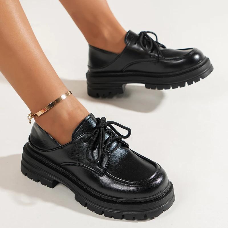 Fashion Retro Chunky Platform Oxford Shoes for Women British College Style Thick Sole PU Leather Dress Shoes Woman Spring Autumn Loafers