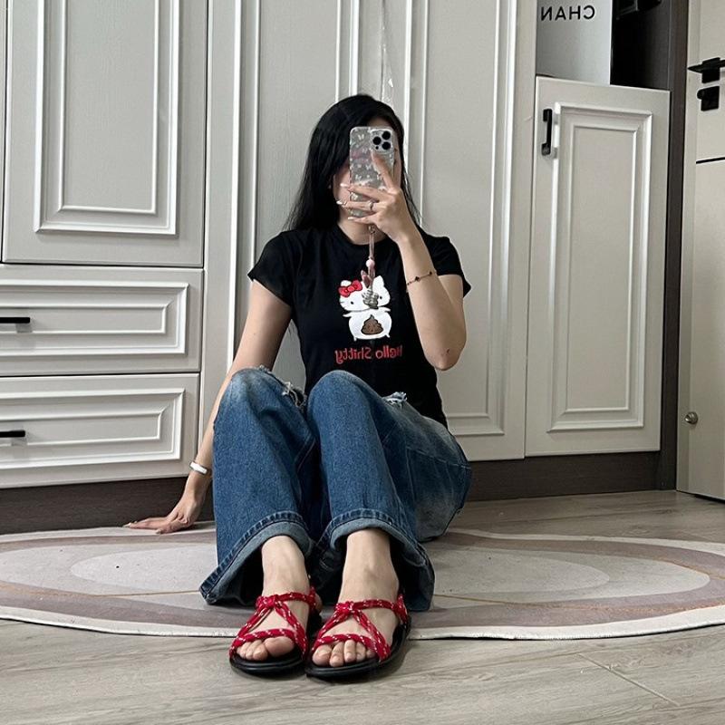 

Woven rope toe flip-flops shoes women s new pinched feet flat beach sandals casual wear versatile 35 чёрный