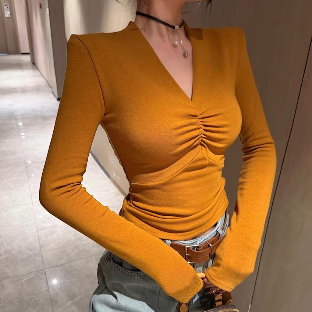 Pleated V-Neck Eucalyptus Women's Base Layer Shirt - Autumn/Winter 2026, Pure Desire Style, Long-Sleeved, Slim-Fit Top