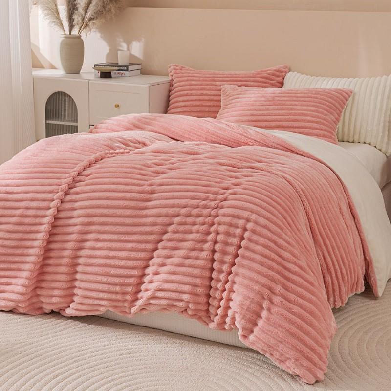 Winter Thick Warm Luxury Solid Striped Milk Fleece Bedding Set