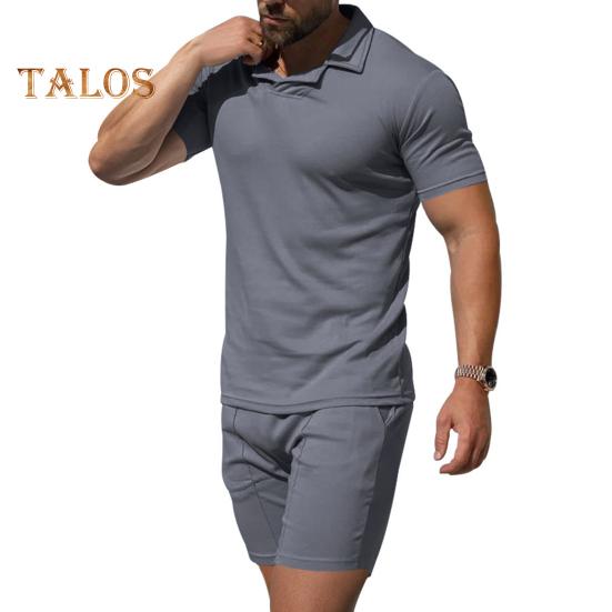 2 Teile/satz Männer Outfit Revers Kurzarm Pullover Tops Elastische Kordelzug Taille Taschen Shorts Set Einfarbig Sportswear