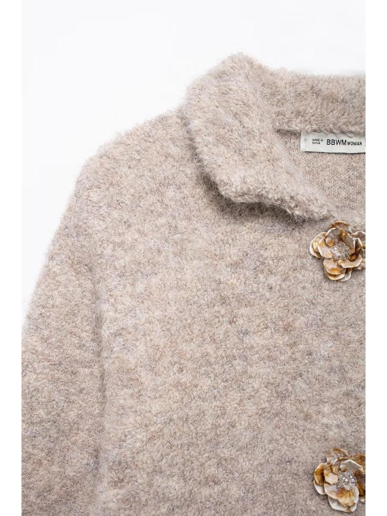 European & American Style Women's Faux Fur Knitted Cardigan with Floral Buttons