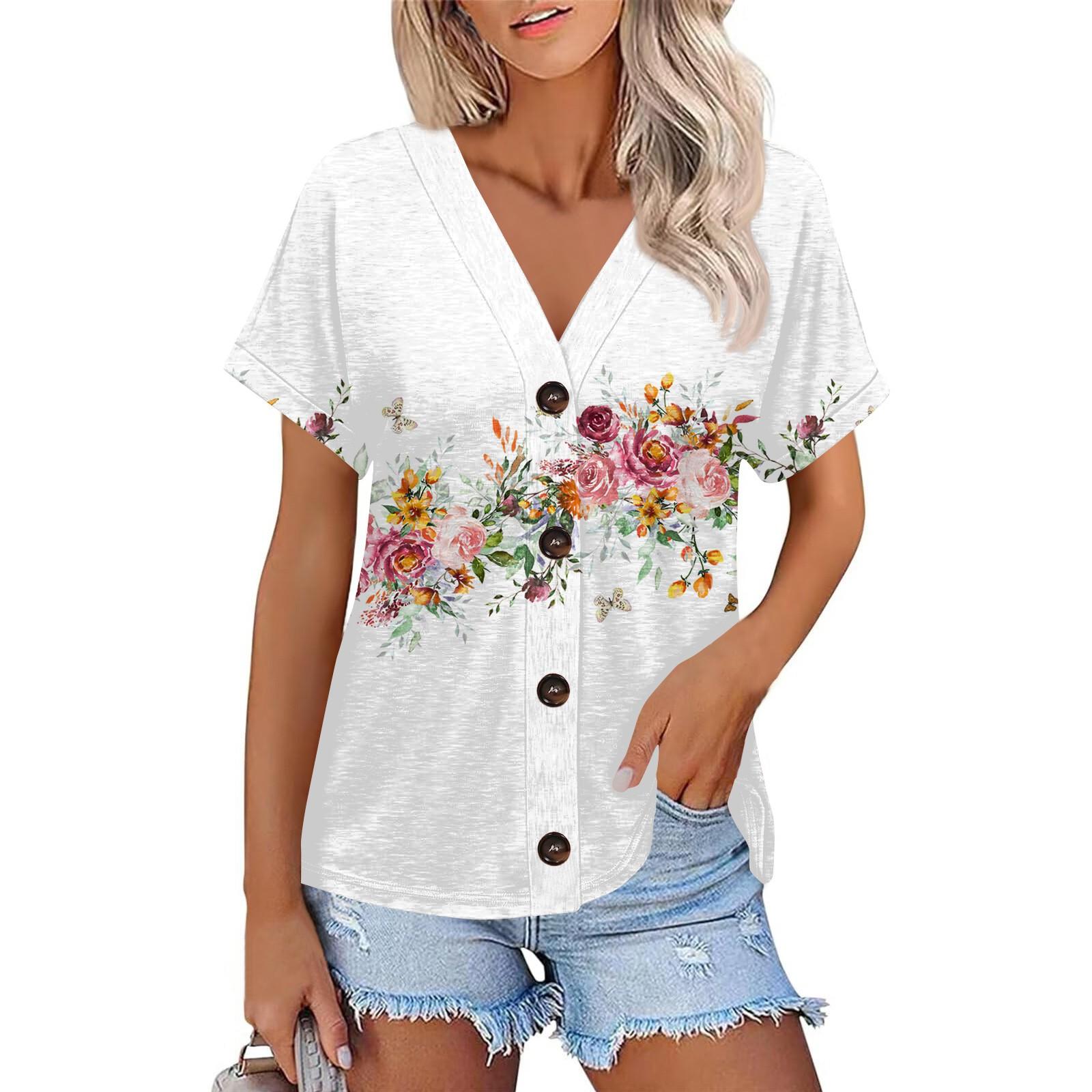 

Жіноча модна повсякденна футболка з V-подібним вирізом із квітковим принтом і короткими рукавами XXL білий