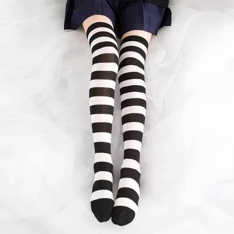 Rosa/Blau/Schwarz Gestreifte Lolita-Strümpfe Für Damen Süße Schulmädchen Kniehohe Lange Strümpfe Cosplay Anime Studenten-Socken One Size white
