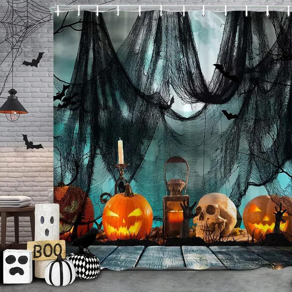 Perdea de duș de Halloween Liliac Negru Model Înfricoșător de Halloween Perdea de Duș Înfricoșător Liliac Perdea de Baie Decor Baie cu Cârlige