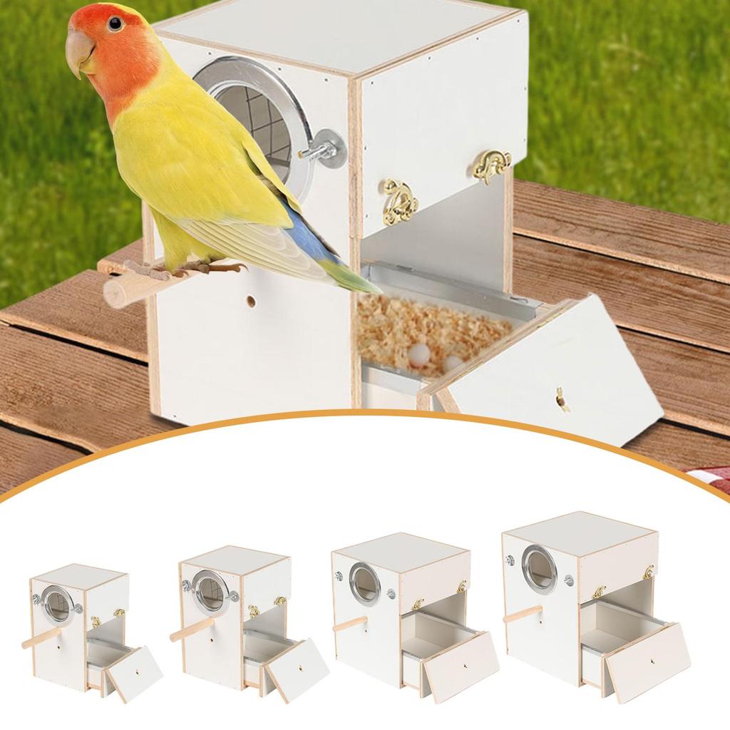 Bird Nest House with Perch Drawer Easy Install Wood Parakeet Aviary Breeding Box for Lovebirds Conures