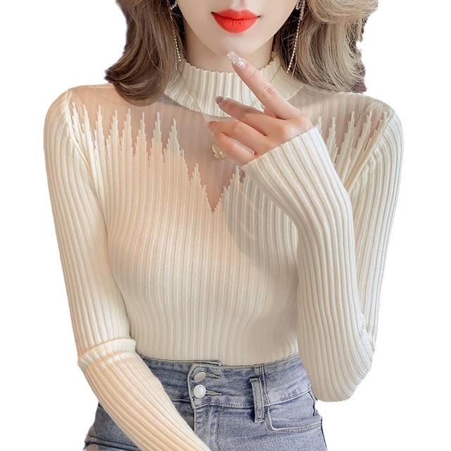 2024 Autumn/Winter Slim-Fit Knitted Pullover - Openwork Design Long Sleeve Base Layer Sweater