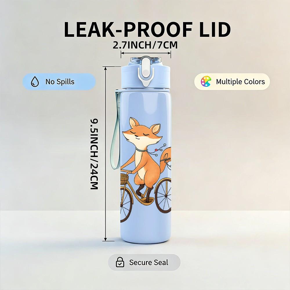 1PC Fox Riding Bicycle Art 750ml Color Plastic Sports Water Bottle Leakproof Flip Straw Lid Suitable for Sports Office Home Use