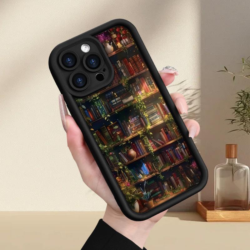 Literary and Retro Bookshelf Flowers and Plants Are Suitable for iPhone11/12/13 Apple 16promax Silicone 16 Soft 11Pro