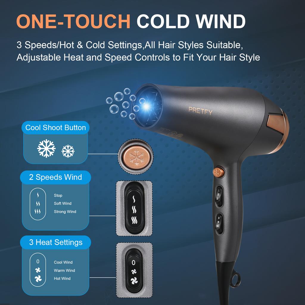Pretfy Asciugacapelli per la cura dei capelli Asciugacapelli ionico negativo 2500 W 2 velocità 3 impostazioni di calore Asciugatura rapida