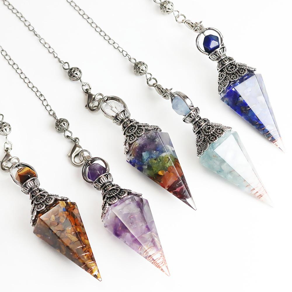 Amethyst Aquamarine Seven Chakra Resin Gemstone Pendant Hexagonal Cone Pendulum