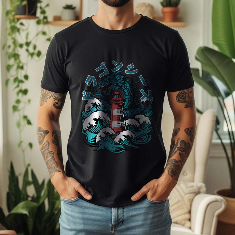 2026 Summer Unisexs Japanese Dragon Lighthouse Graphic Oversize Tee 100 Cotton UkiyoE Short Sleeve
