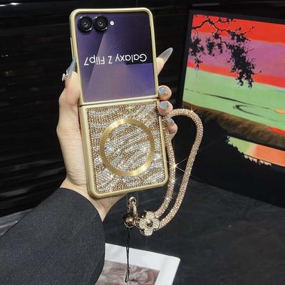 Case for Samsung Galaxy Z Flip7/ 6/ 5/ 4/ 3 with Magsafe Wrist Strap & Crystal Decor Cover Phone Bumpers