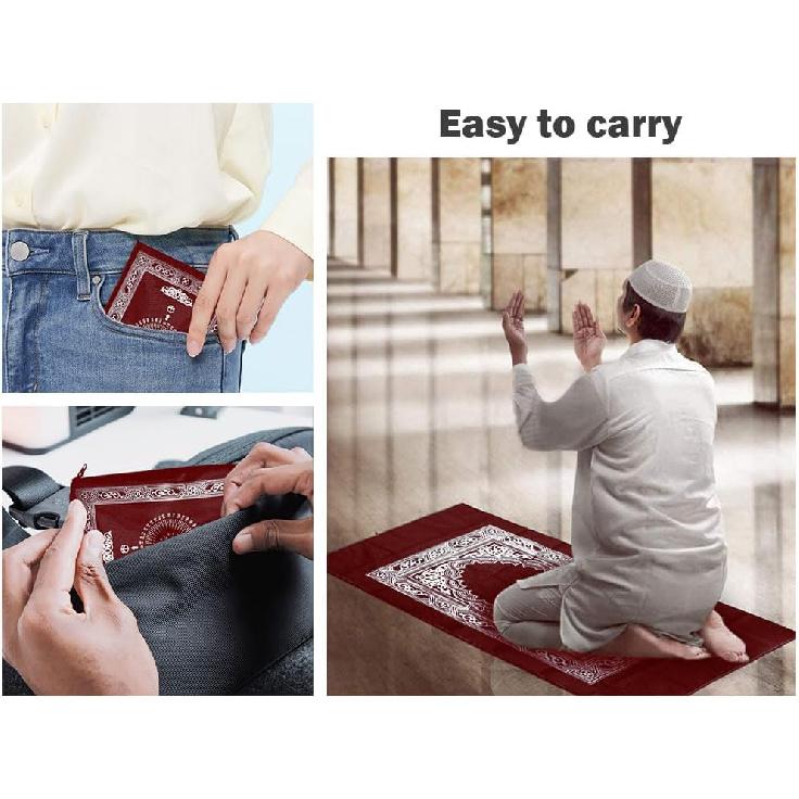 1 Piece Muslim Prayer Rug, Polyester, Portable Travel Prayer Mat with Compass, Red, 60CMx100CM
