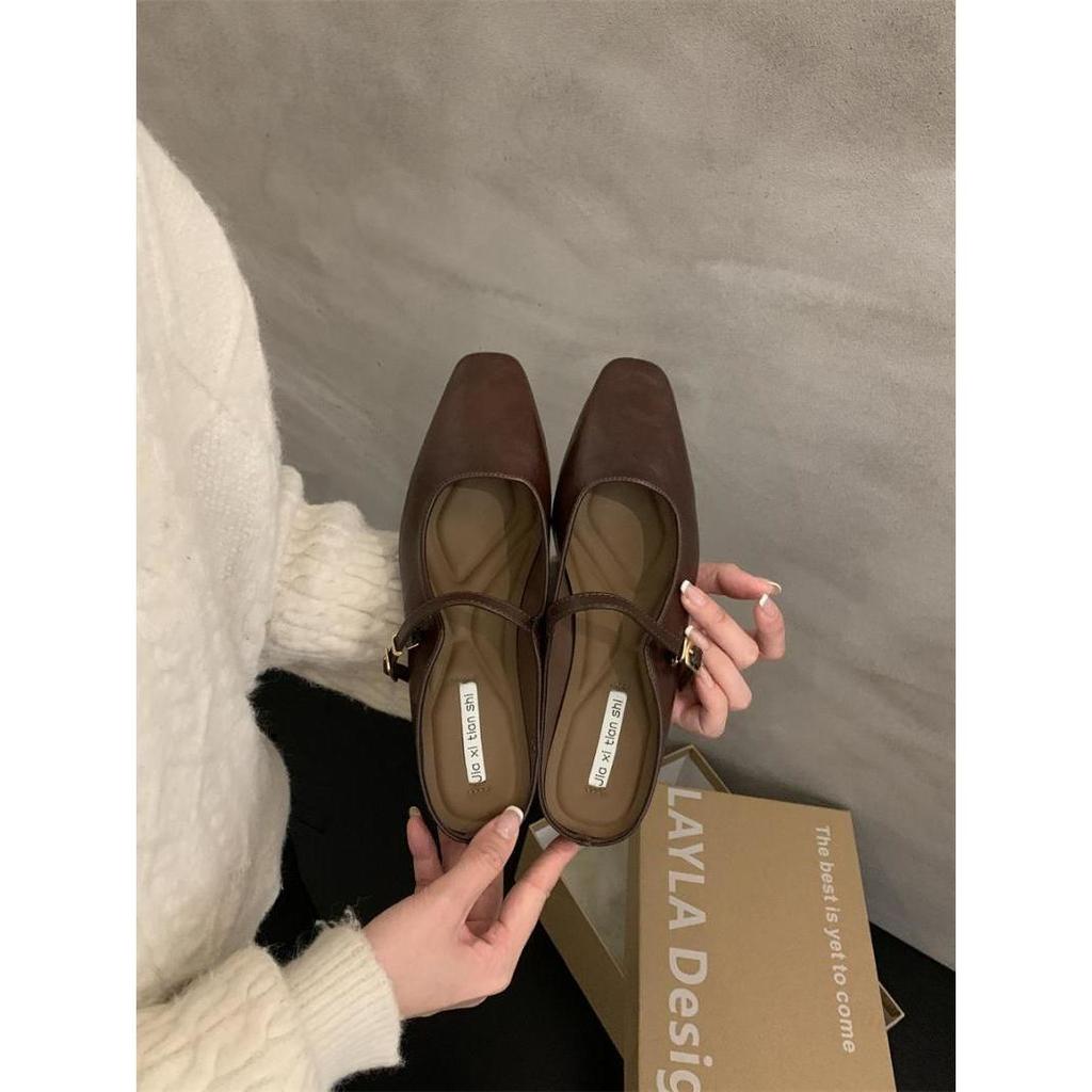 Coarse heel bag head half slippers light mouth women's shoes spring 2025 new simple and versatile one word with silver cool shoes