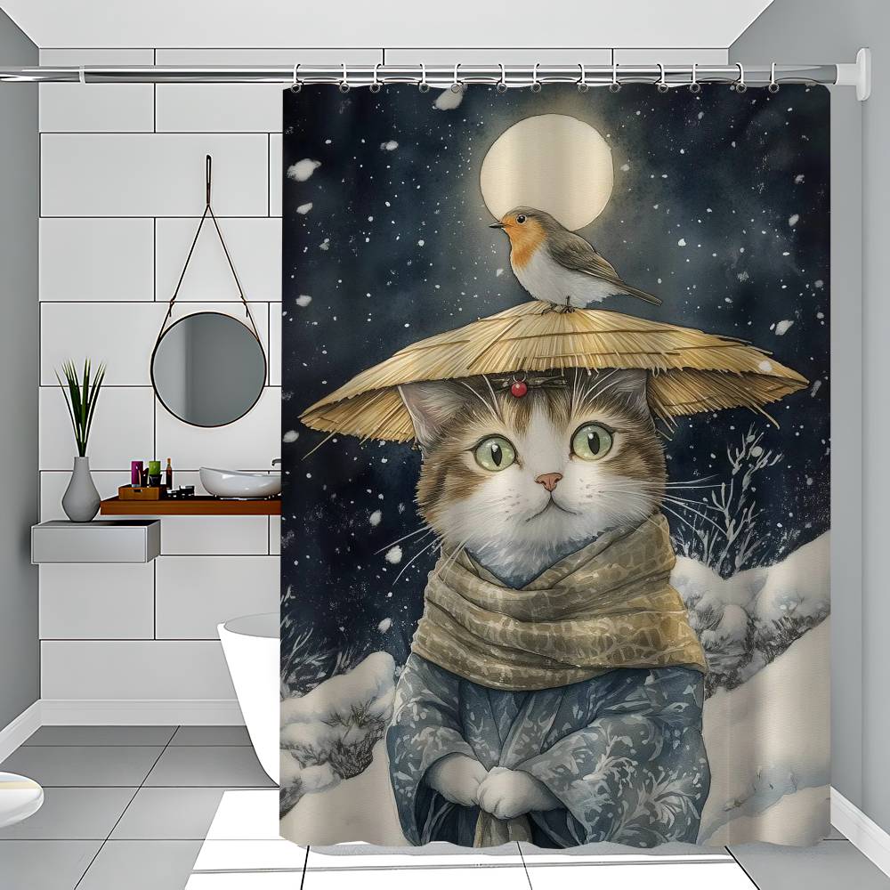Japanese Black Cat Bathing Moon Lucky Cat Funny And Creative Beach Shower Curtain Waterproof Polyester Bath Curtains Bathroom