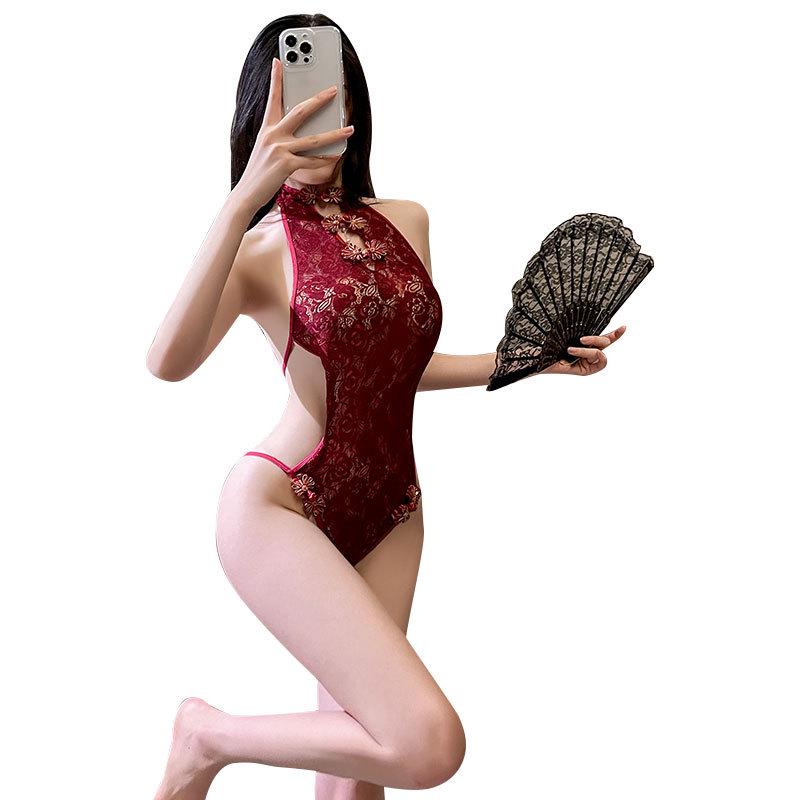 Milian Retro Lace Cheongsam: Tempting Open-Crotch Lingerie One-Piece.