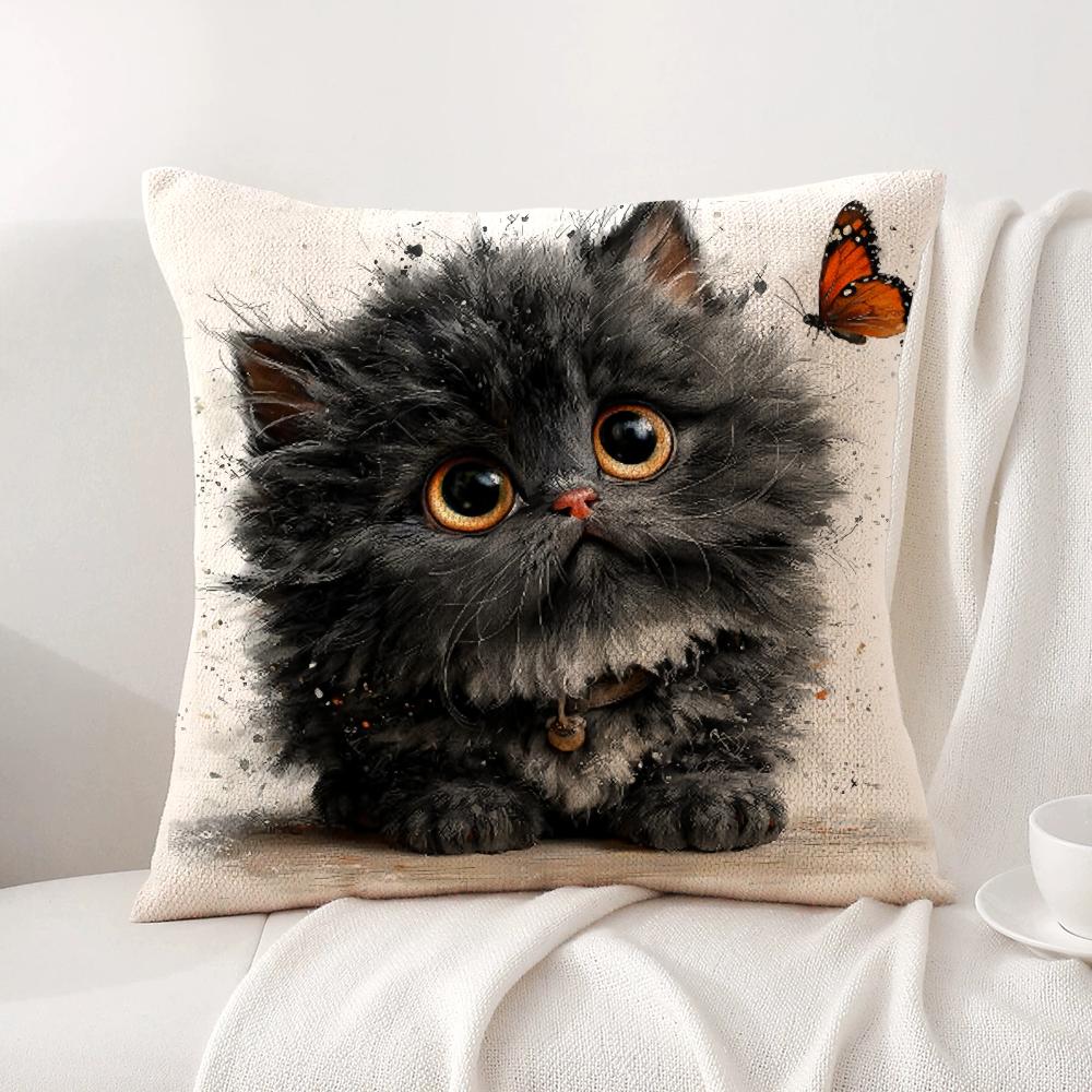 Cute Cat and Flower Cushion Cover Natural Linen Organic Fabric DoubleSided Printing Sofa Home Decor Gift Pillow Cover