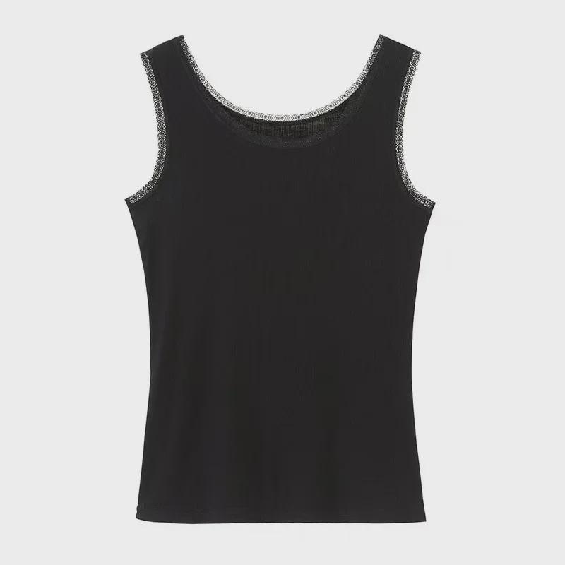 Damen Modal Geripptes Tanktop mit breiten Trägern und Spitzenbesatz - Frühling/Sommer Übergröße Lockere Passform