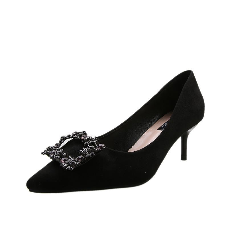 Rhinestone High Heels Women's New Professional Thin Heel Temperament Pointed Women's Shoes Metal Square Buckle Single Shoes