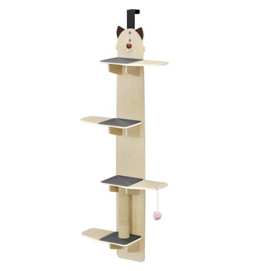 Scaffale ad Albero Verticale per Gatti da Appendere alla Porta, 4 Livelli, Mensole Multistrato con Tiragraffi, Cuscinetti, Pallina Giocattolo, Sopra