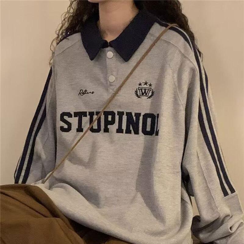 

American Retro Polo Collar Sweatshirt for Women: Trendy, Loose-Fit Korean Style for Autumn & Spring L [Recommended 100-125 lbs]
