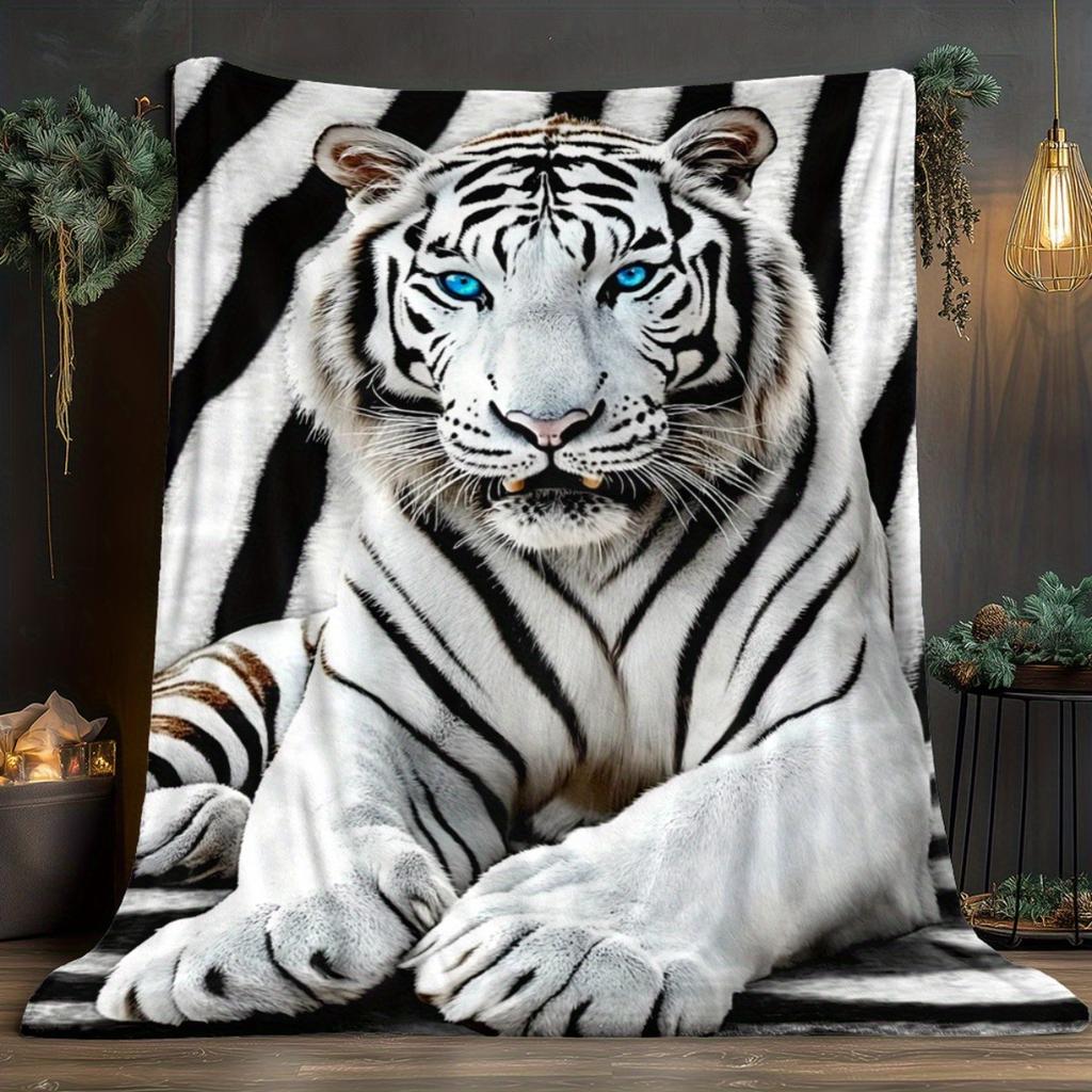 Custom White Tiger Blanket Personalized Name Big Cat Fleece Throw Soft Warm All Season Home Decor Gif