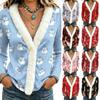 Top da donna a maniche lunghe con stampa natalizia e colletto con bordo per autunno e inverno
