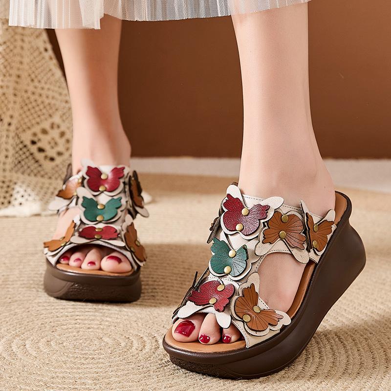Fashion GKTINOO Genuine Leather Summer Shoes Women Slippers Wedges Outside Slides Flowers 2025 New Handmade Concise Ladies Slippers