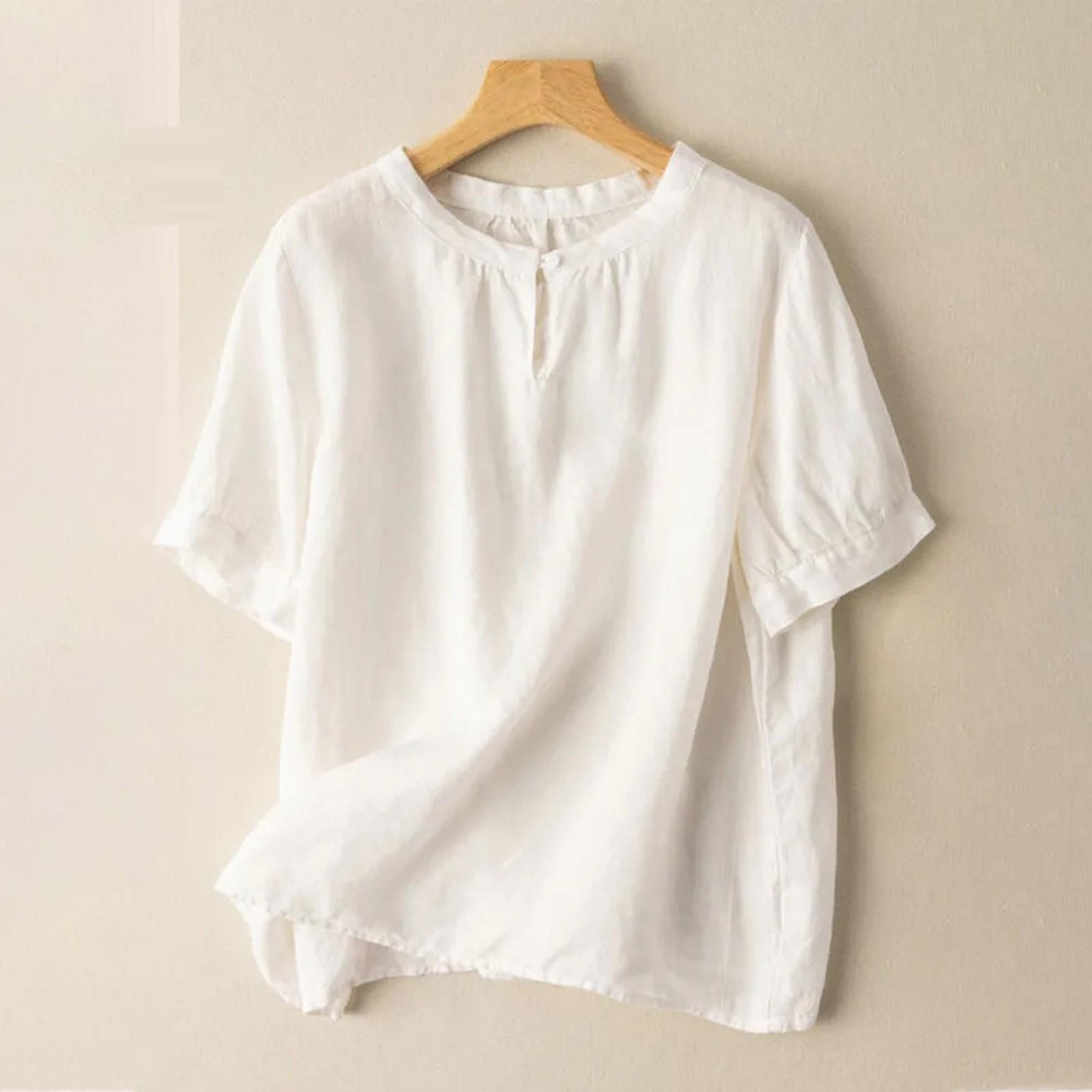 

Женская однотонная хлопковая и льняная футболка с короткими рукавами и вышивкой в стиле ретро, дышащая, с круглым вырезом XL белый